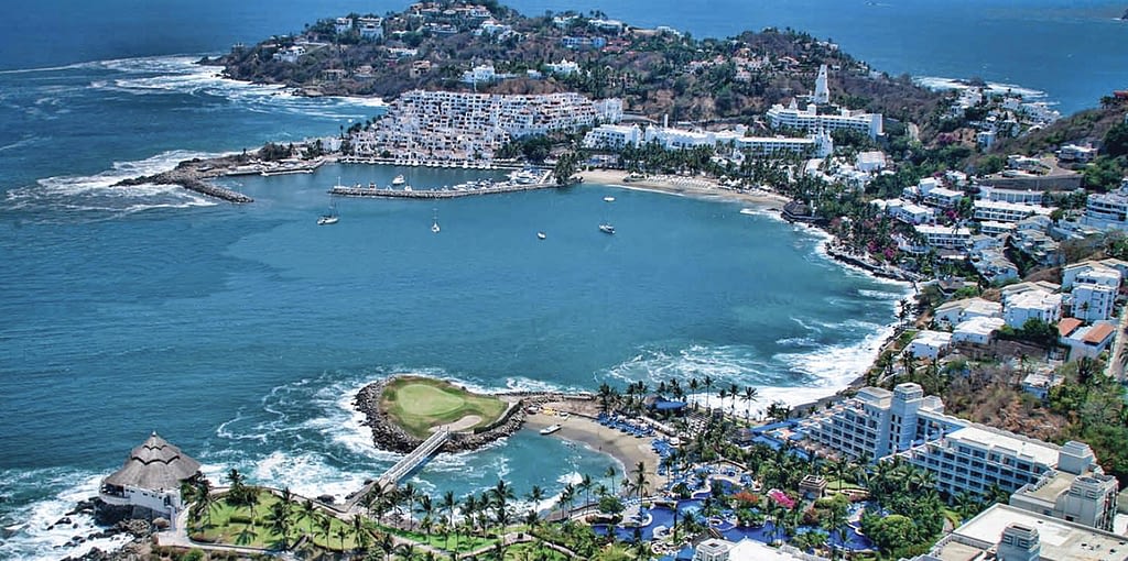 Arial view of Manzanillo Bay and Las Hadas Hotel and the peninsula.