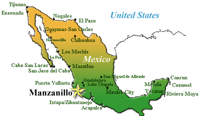 Map of Mexico showing location of Manzanillo.